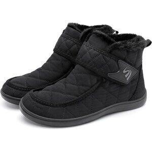 Women Black Waterproof Fuzzy Snow Boots – Cozy Zero Drop Winter Ankle Shoes